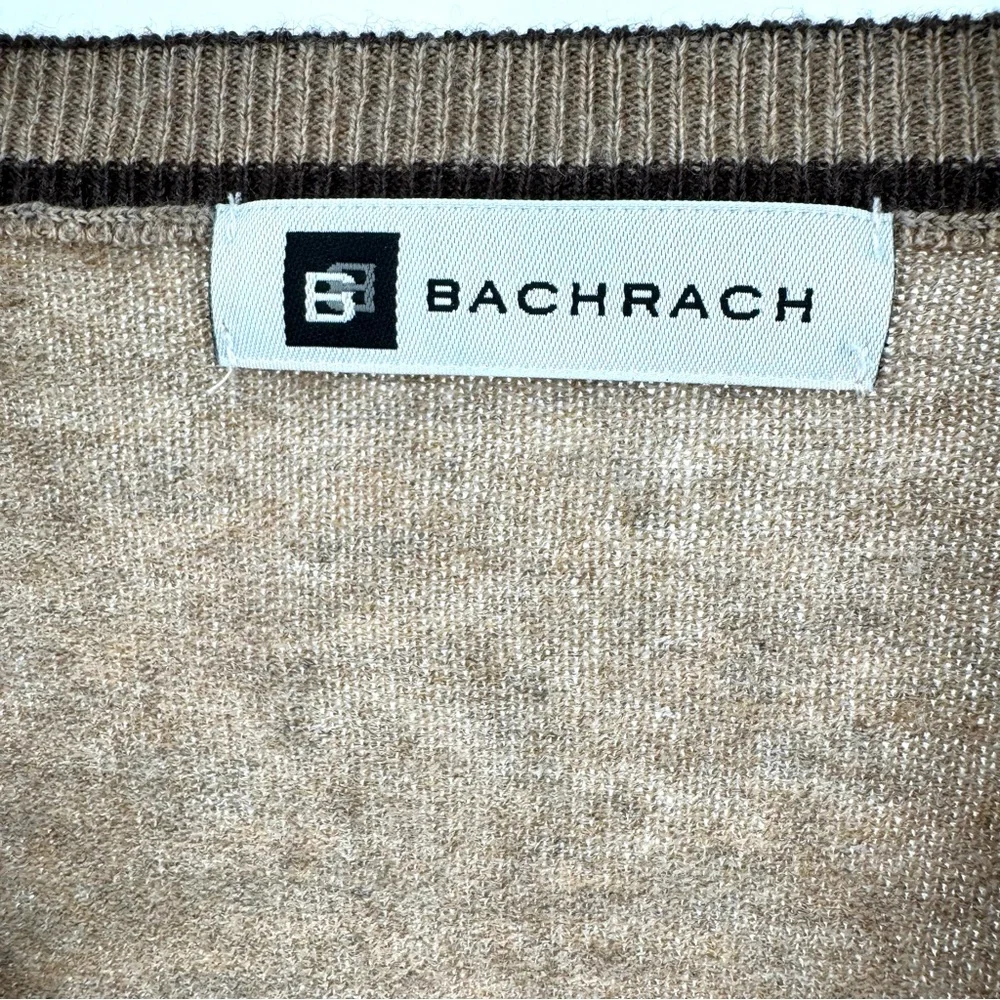 Bachrach Men’s Wool Silk Blend Tan with Brown Accents V-Neck Sweater Size L